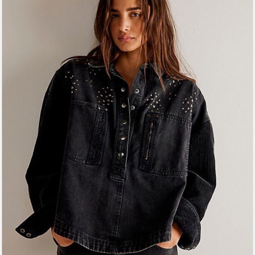 We The Free Black Denim Studded Pullover